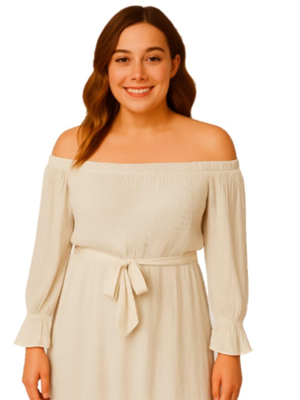 NEW Easel Large Ivory Pleated Dress Off Shoulder/Square Neck Tie Waist Romantic